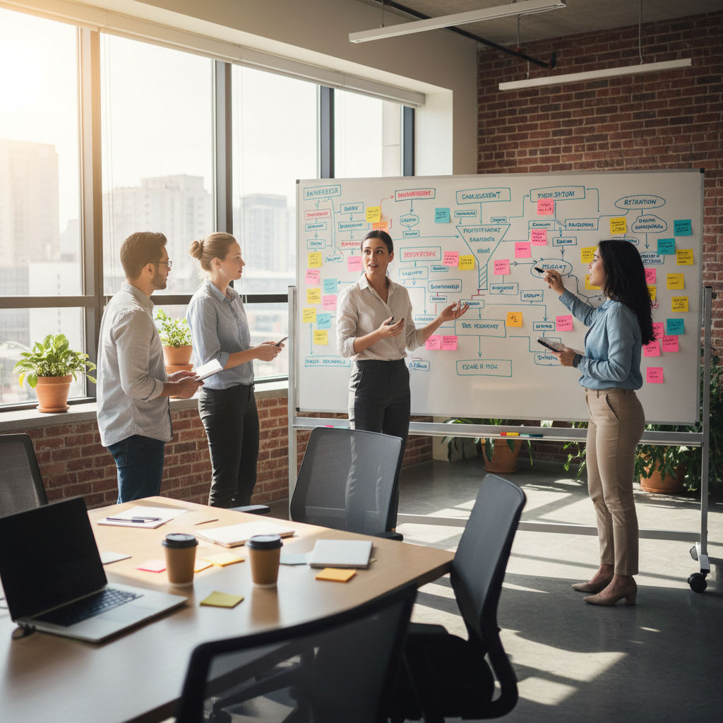 Marketing team collaborating around a whiteboard with strategy diagrams in a well-lit conference room