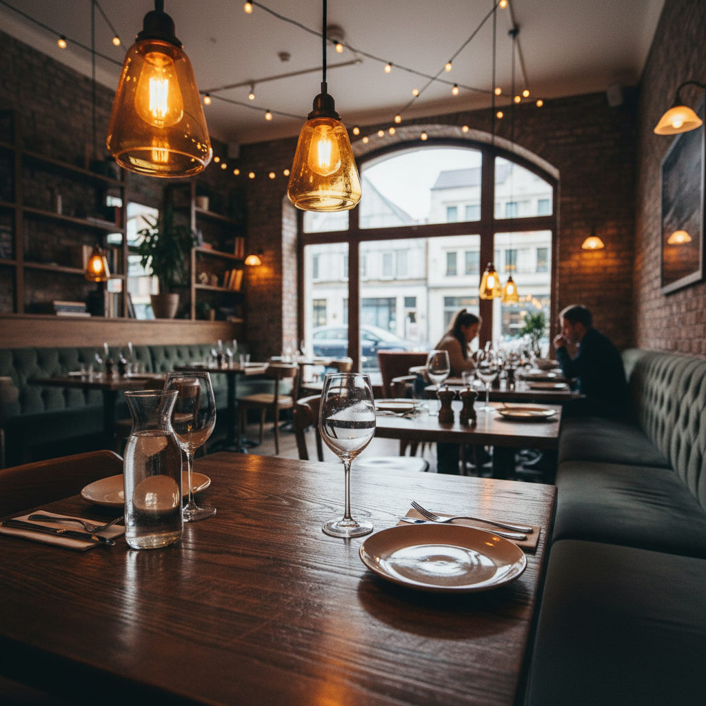 Intimate restaurant dining room with exposed brick walls, warm Edison bulb lighting, and couples enjoying dinner at candlelit tables