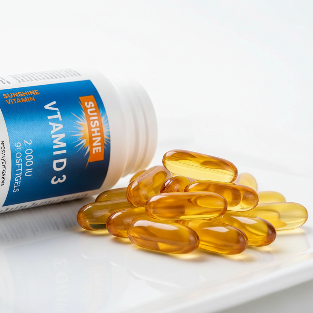 Vitamin D supplement capsules with sunlight background