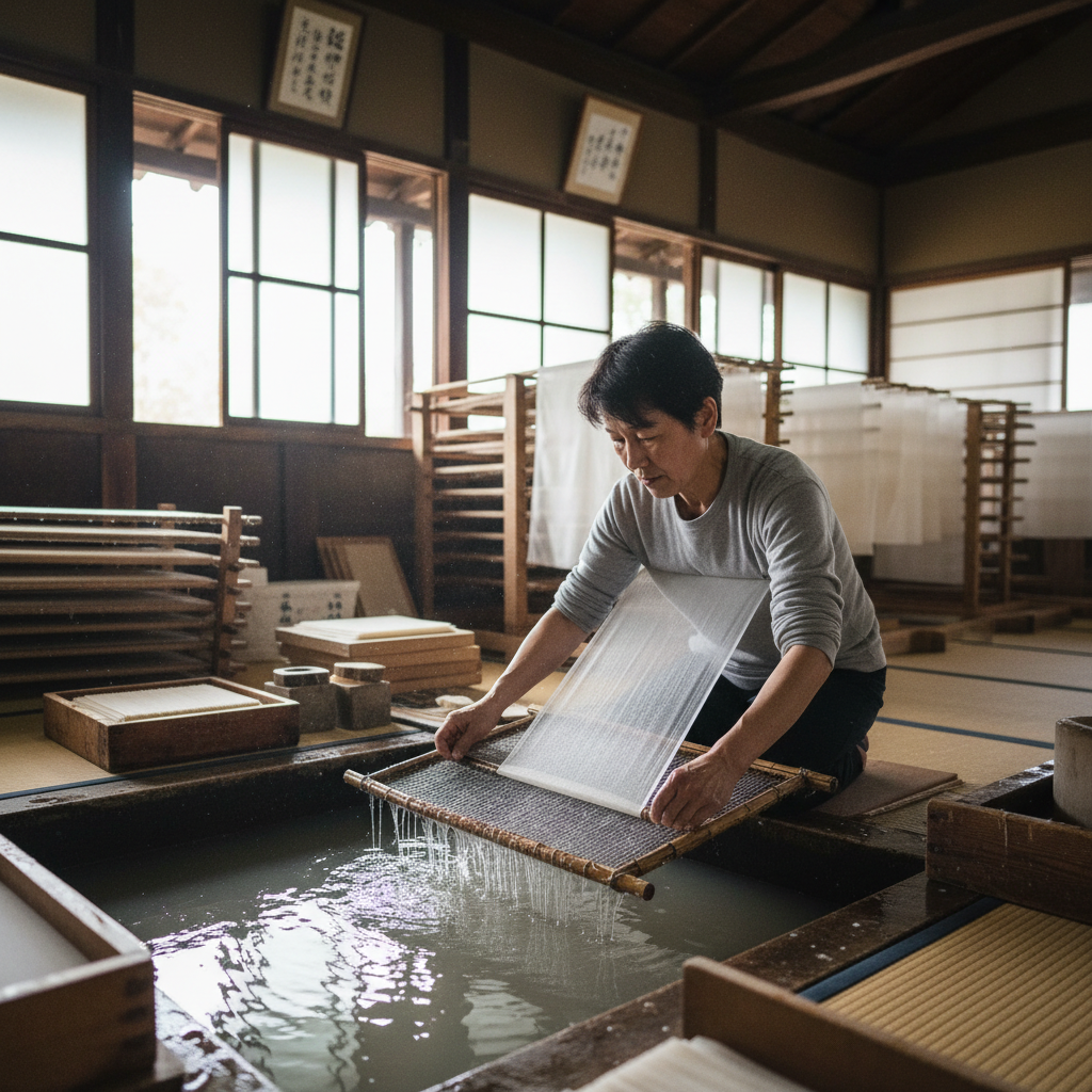 Handmade Rokkaku kite laid flat on a wooden workshop table showing bamboo frame structure and washi paper sail