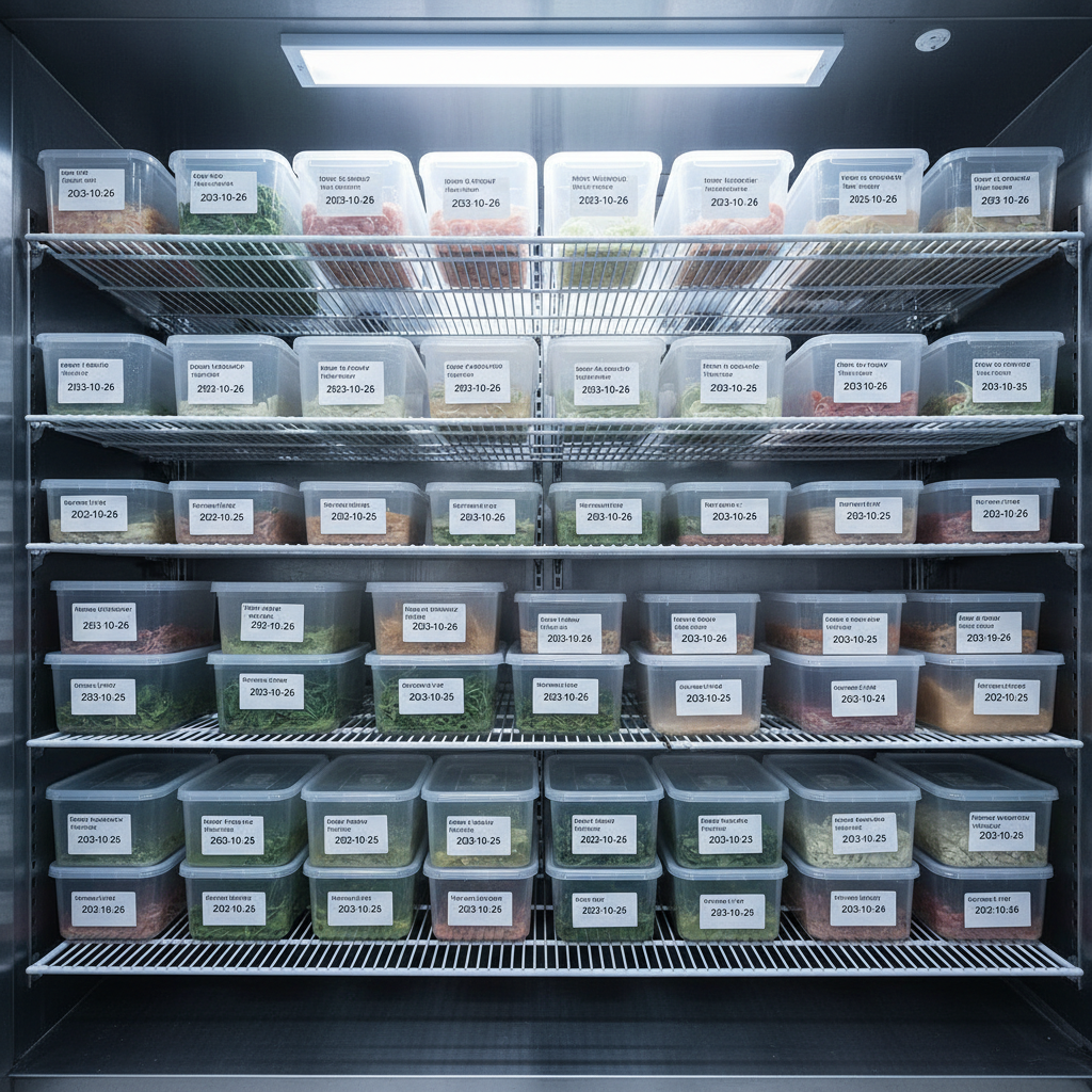Clear plastic food containers stacked in rows on commercial kitchen shelf, bright kitchen lighting