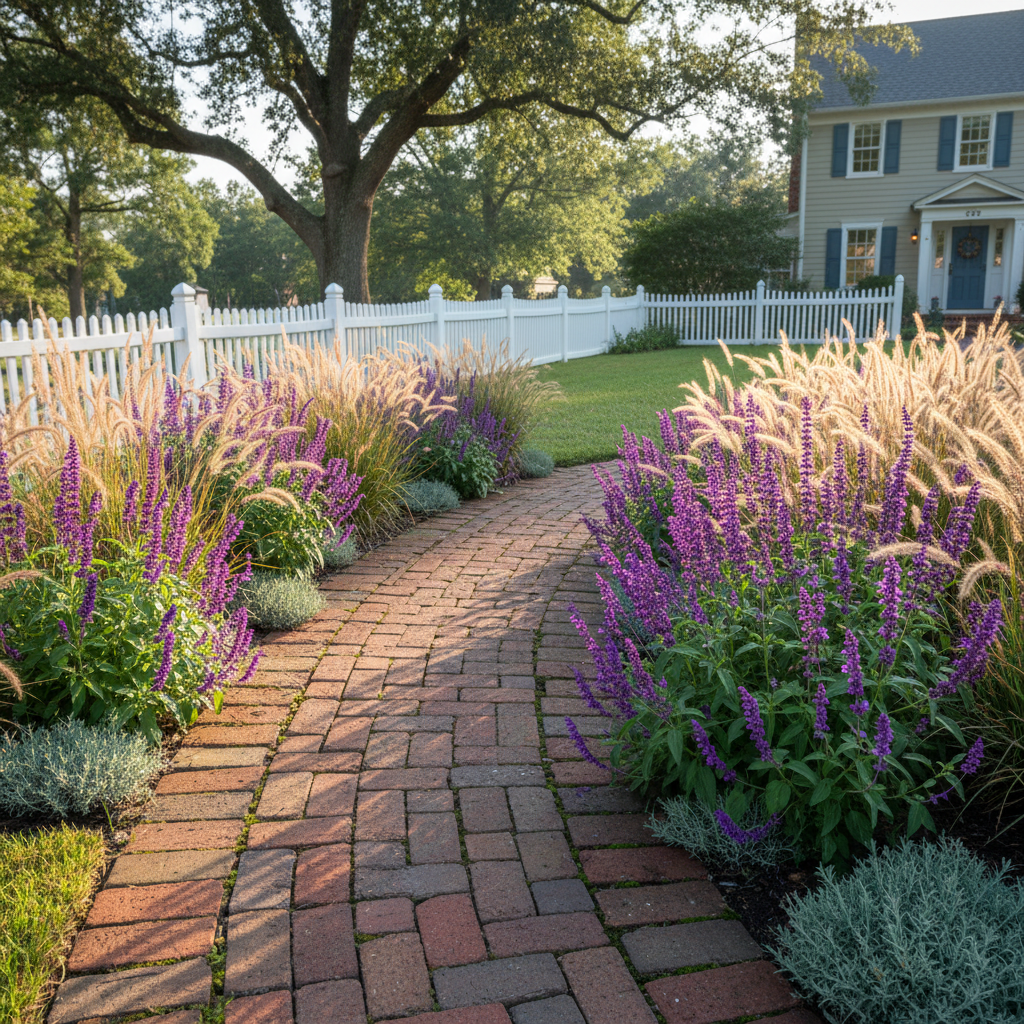 Front yard border planting of salvia and ornamental grasses along a brick walkway