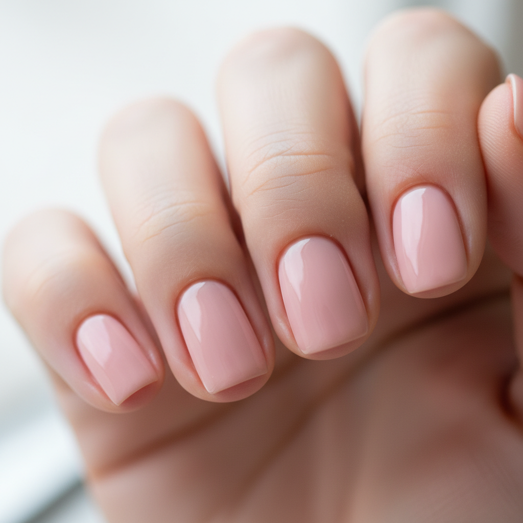 Classic manicure with soft pink gel polish on natural nails, clean and neat finish, white background