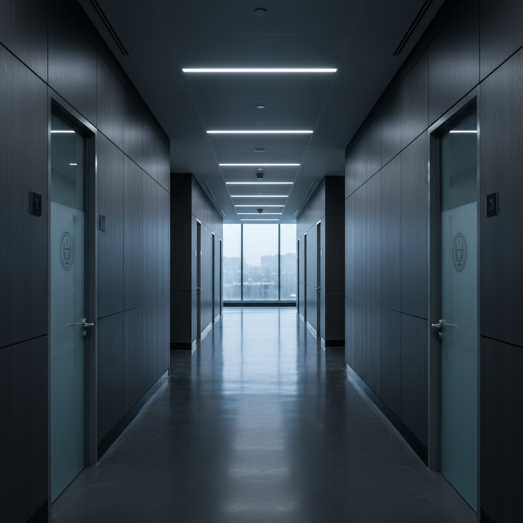 Government building interior hallway with columns, dim institutional lighting, heavy shadows, somber atmosphere