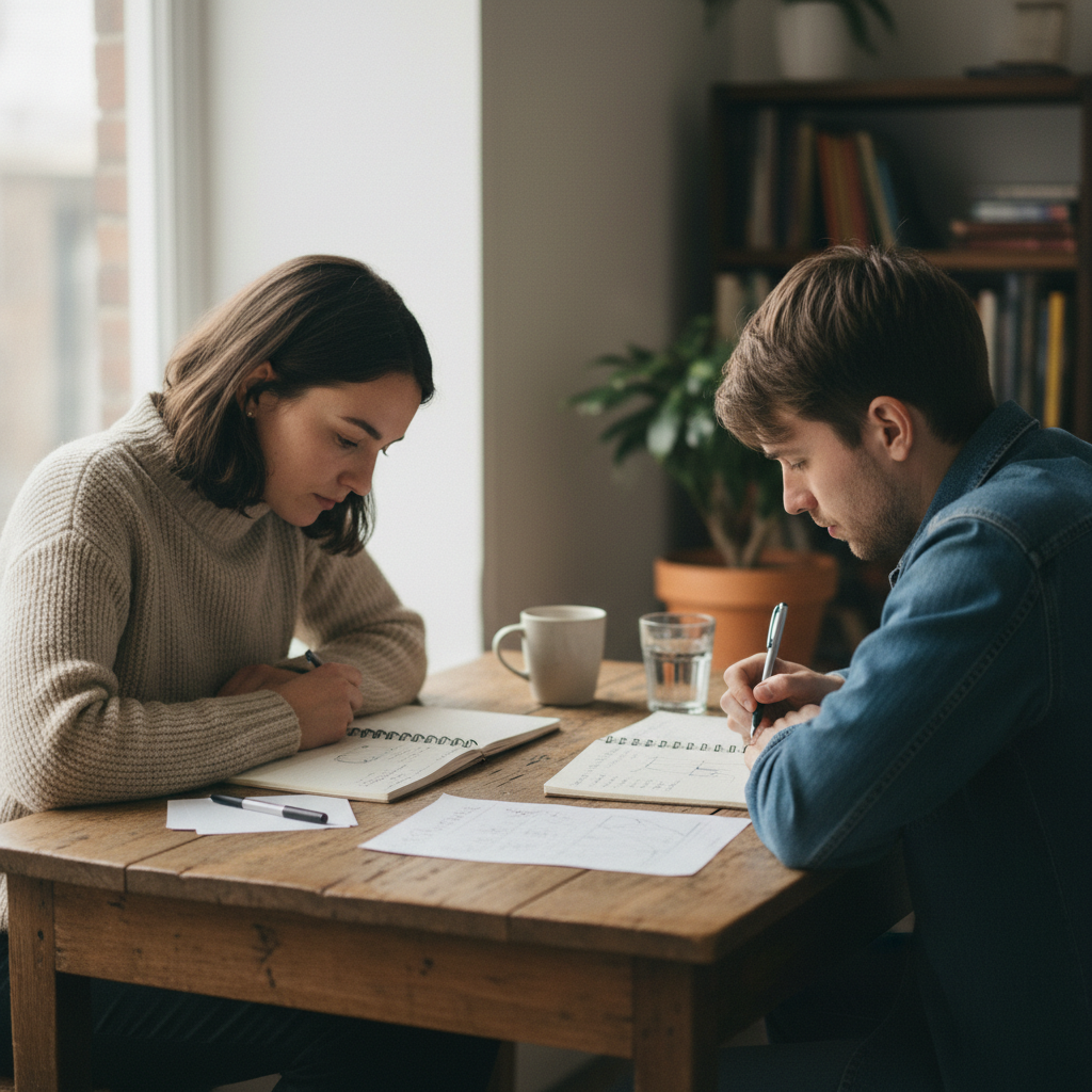 Two people having a quiet, focused conversation at a small wooden table with notebooks open