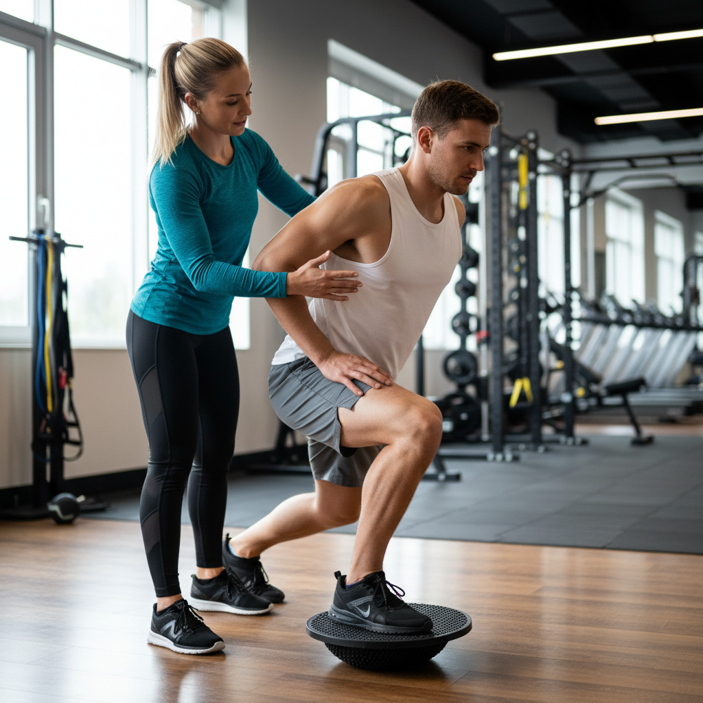 Sofia Reyes, rehabilitation coach assisting athlete with mobility work in clean gym studio