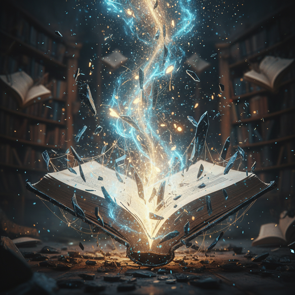 Ancient magical library with floating books and glowing spell circles