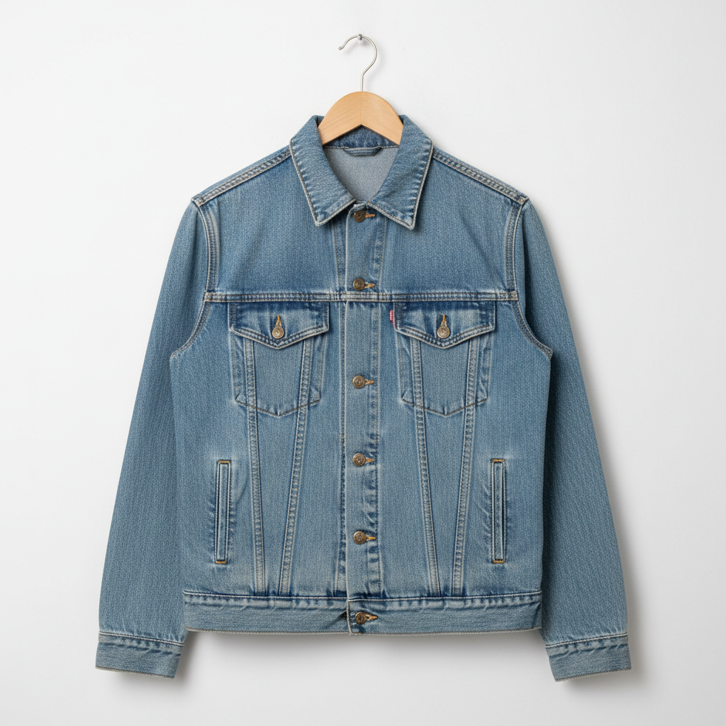 Light wash denim jacket with vintage distressing, bright natural window light, styled with white background