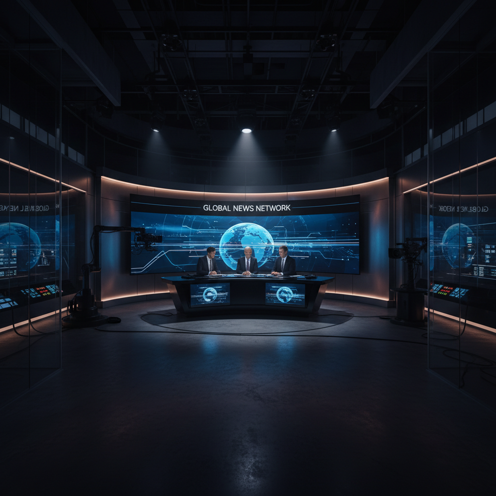 Television studio set, dark atmospheric production environment, dramatic stage lighting, moody deep shadows