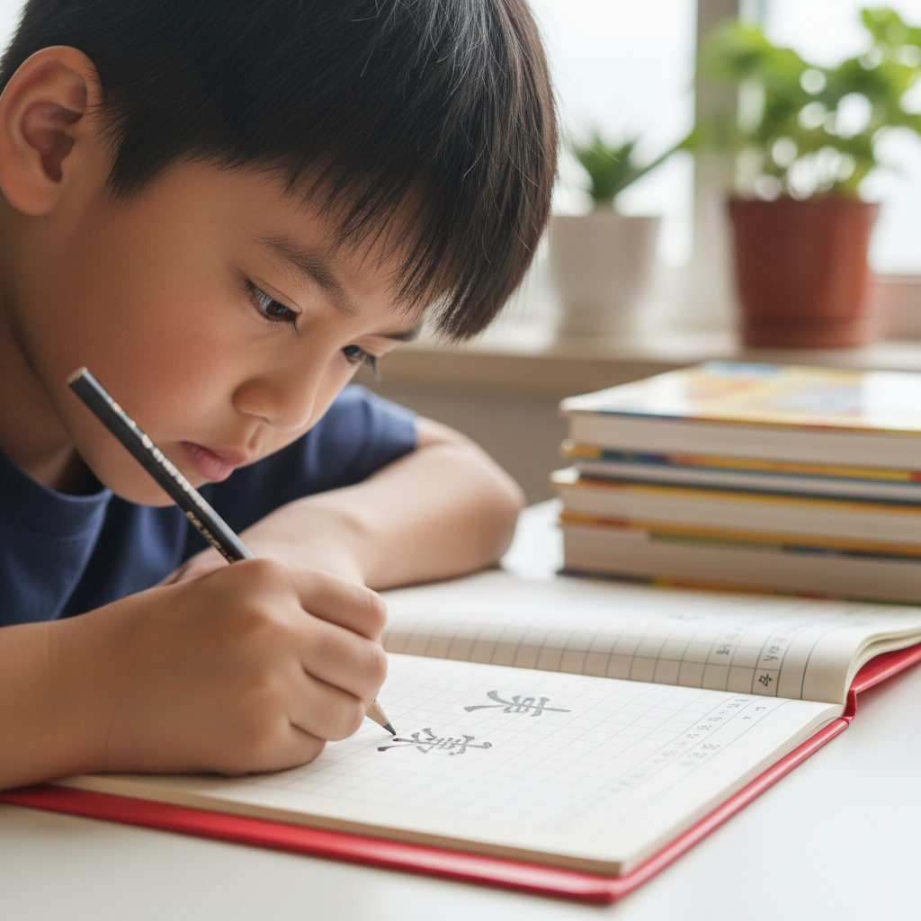 Elementary school aged child writing Chinese characters in a workbook with a focused expression