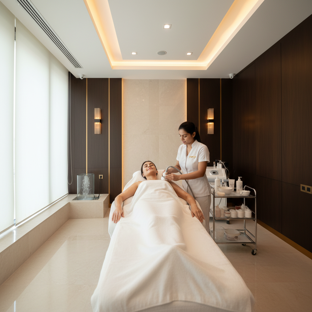 Therapist preparing a wellness treatment at Veloura Luxury Spa