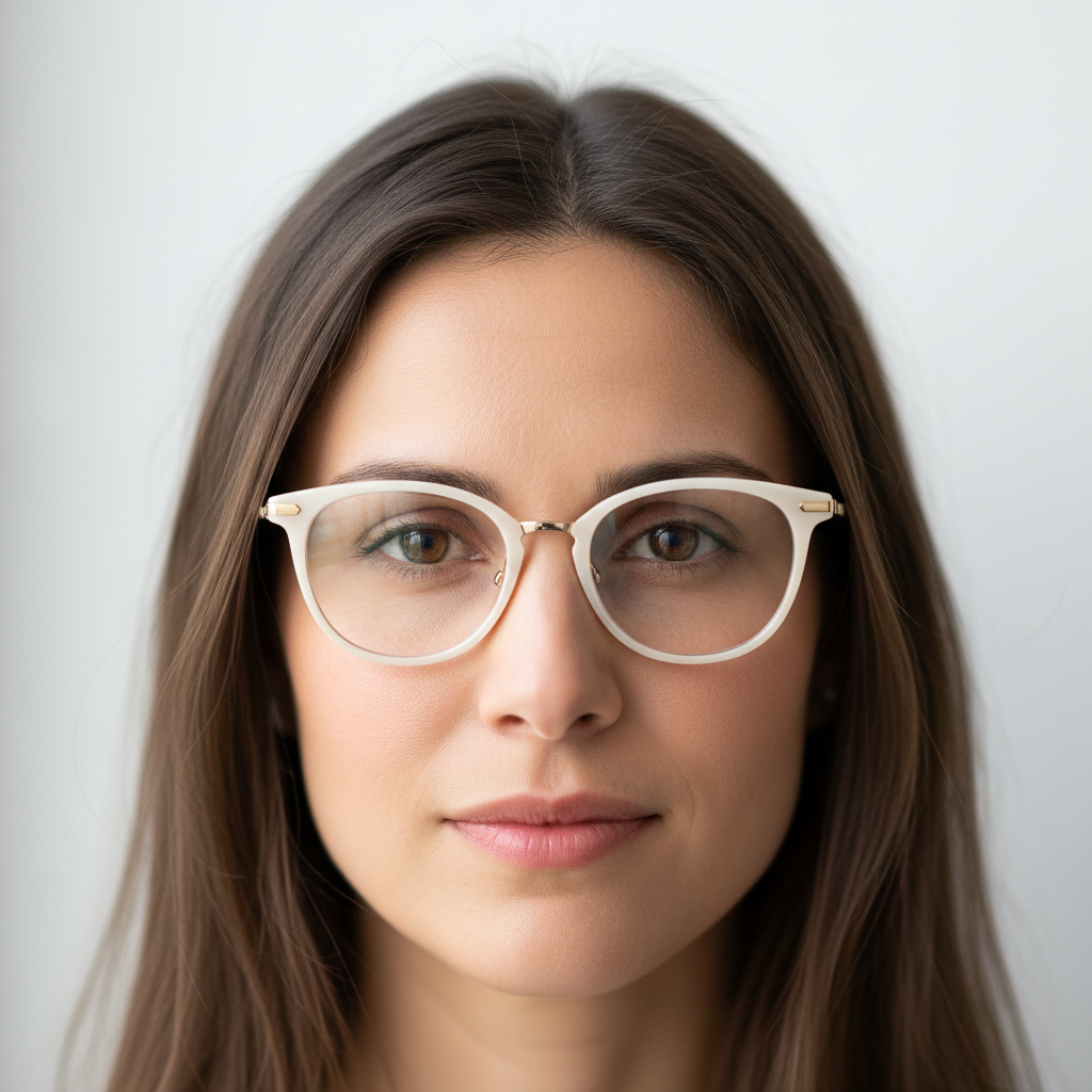 Woman wearing Portofino ivory frames, white wall behind her