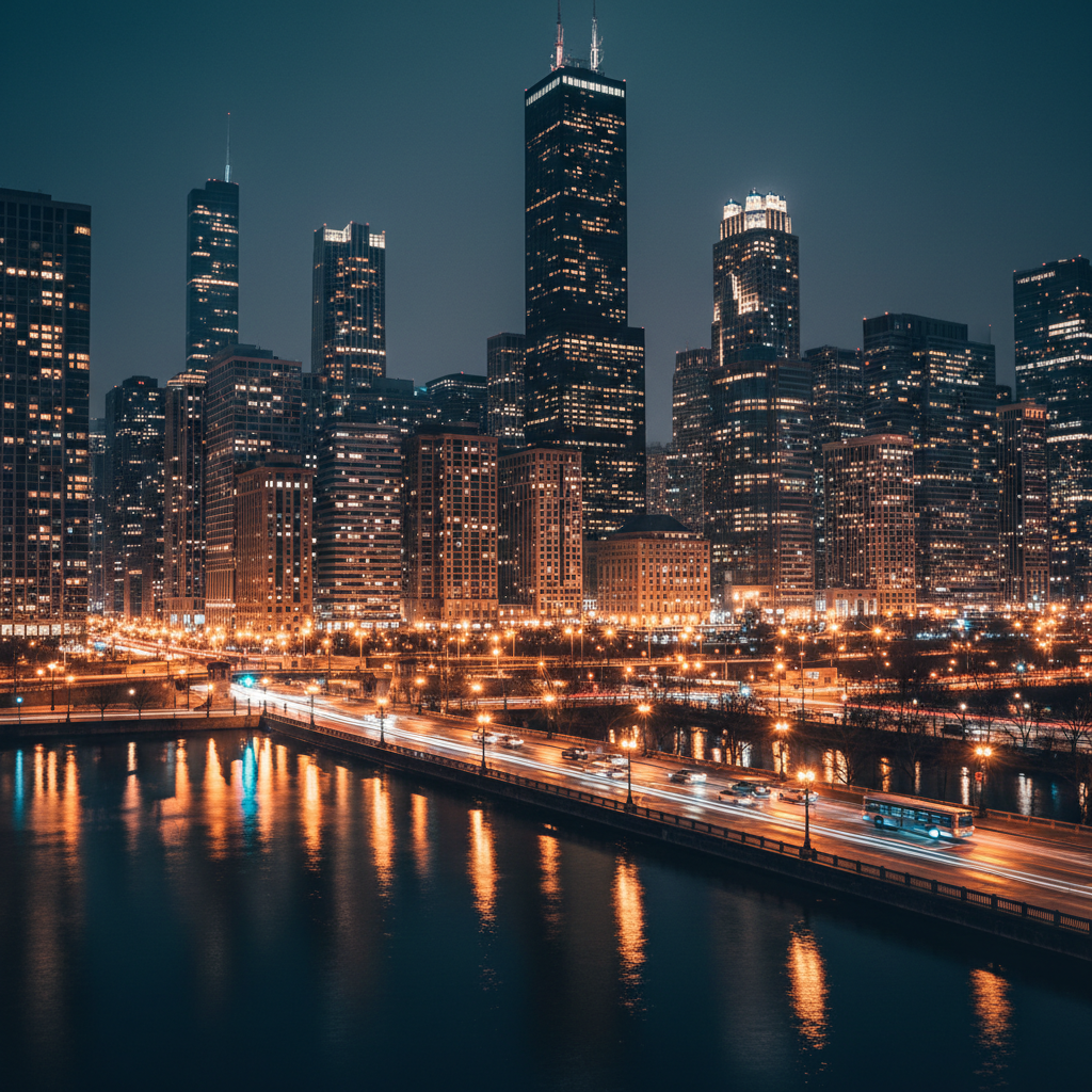 Chicago downtown skyline at night with amber streetlights reflecting on wet road