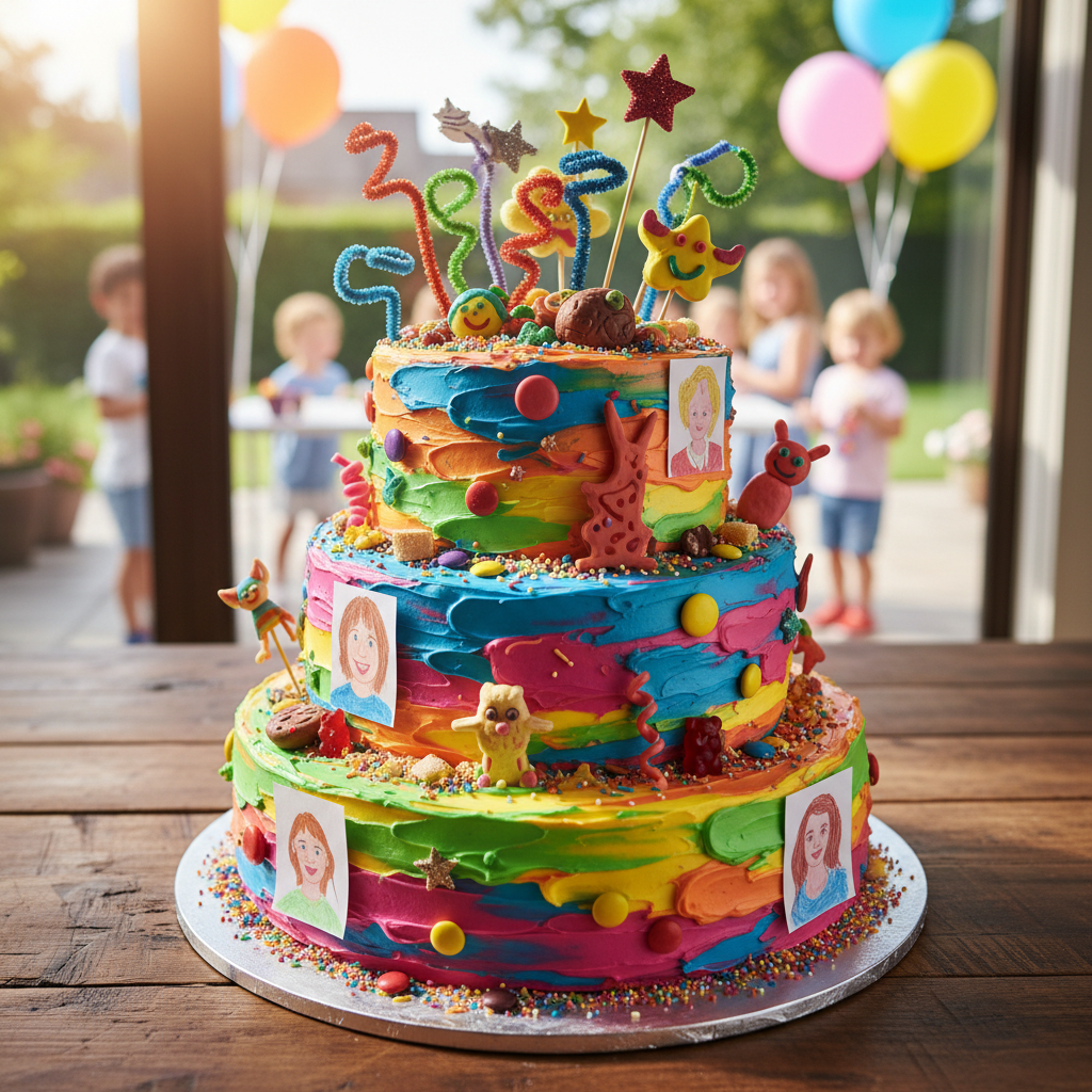Beautiful three-layer celebration cake with colorful frosting decorated by a child