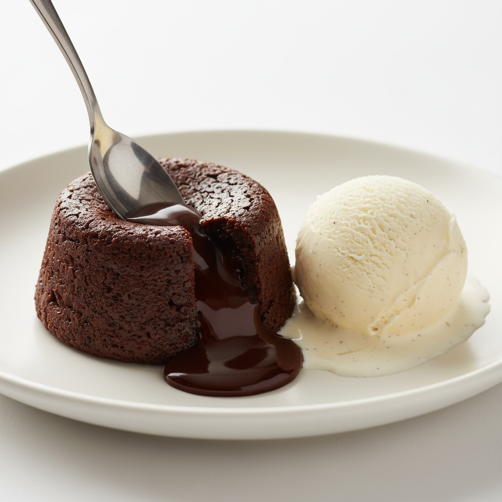 Dark chocolate fondant with molten center flowing out, served with vanilla ice cream scoop