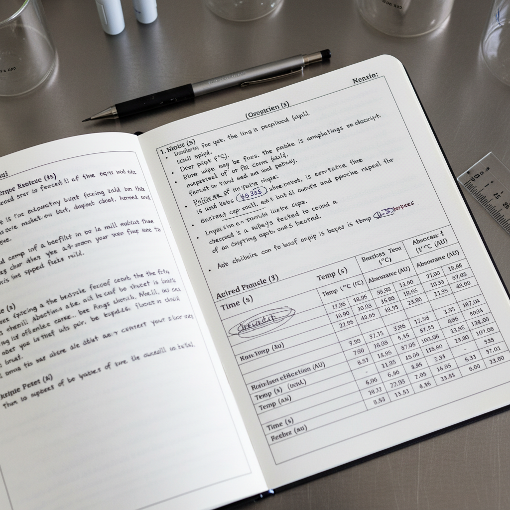 Scientific laboratory notebook with handwritten data and measurement tables, overhead view
