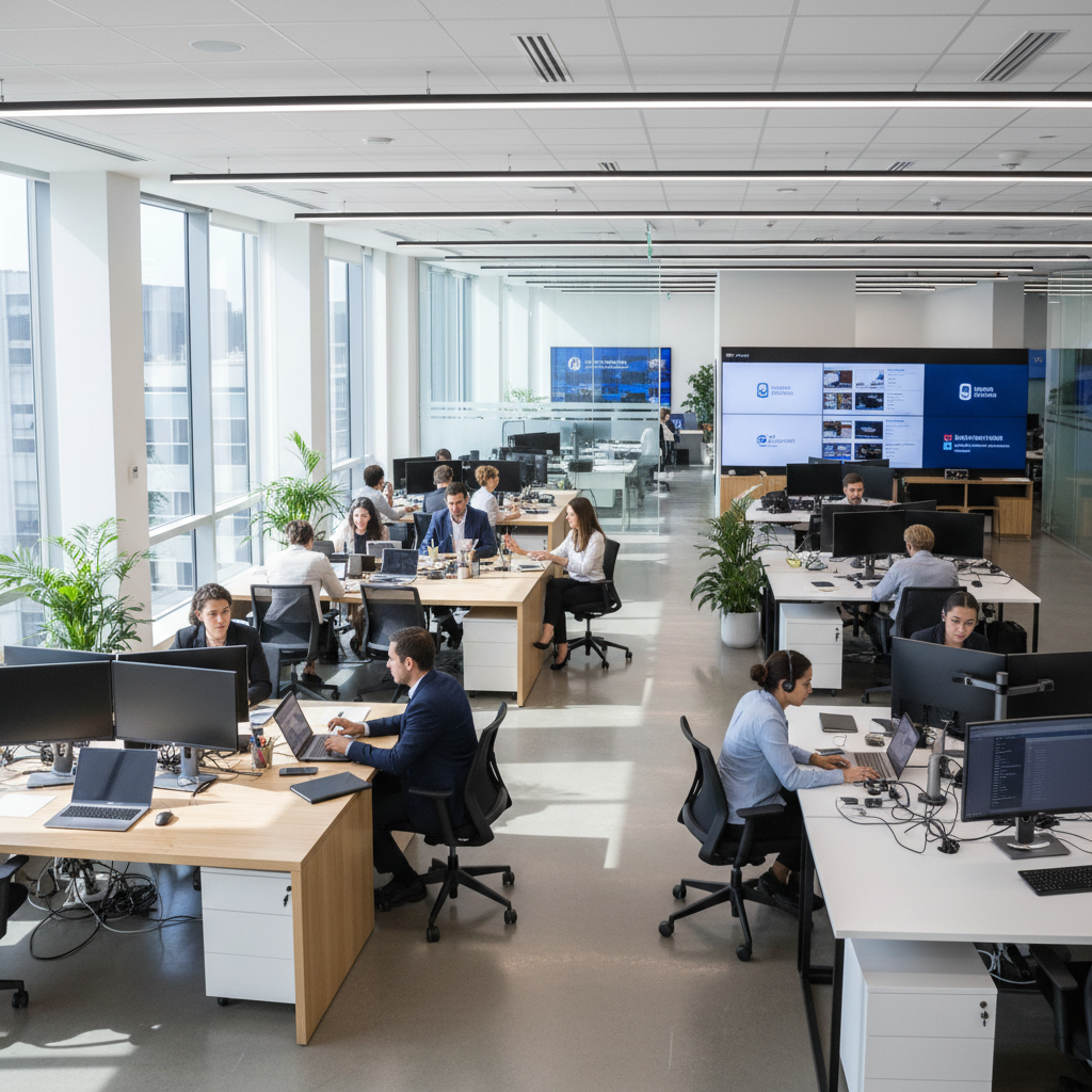 Modern administrative office with employees working at desks in a bright open workspace