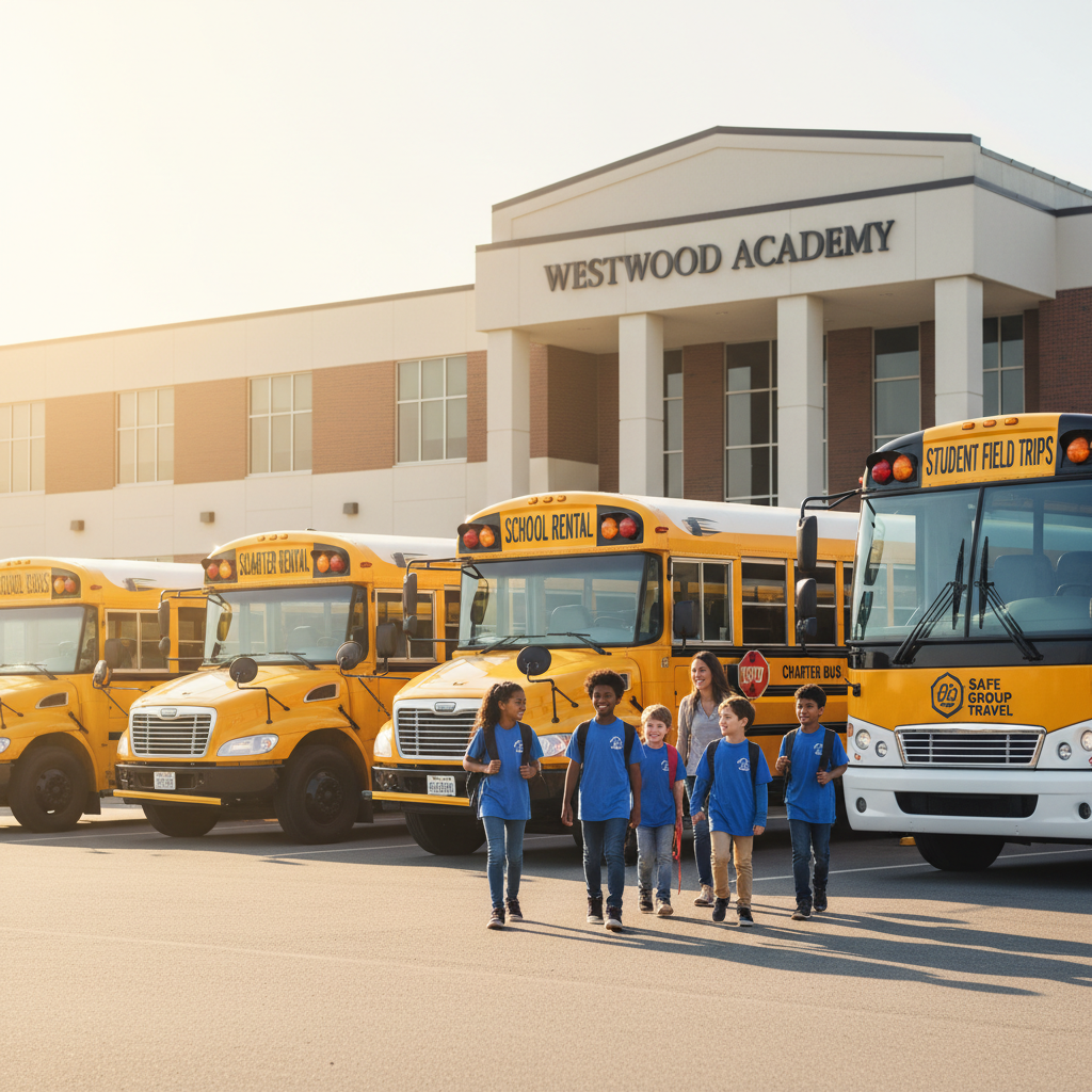 School bus rental and charter bus for student field trip transportation, safe group travel for school programs