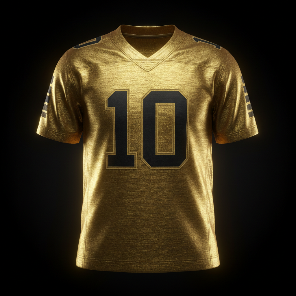 Football jersey with number 10 on back displayed on dark background
