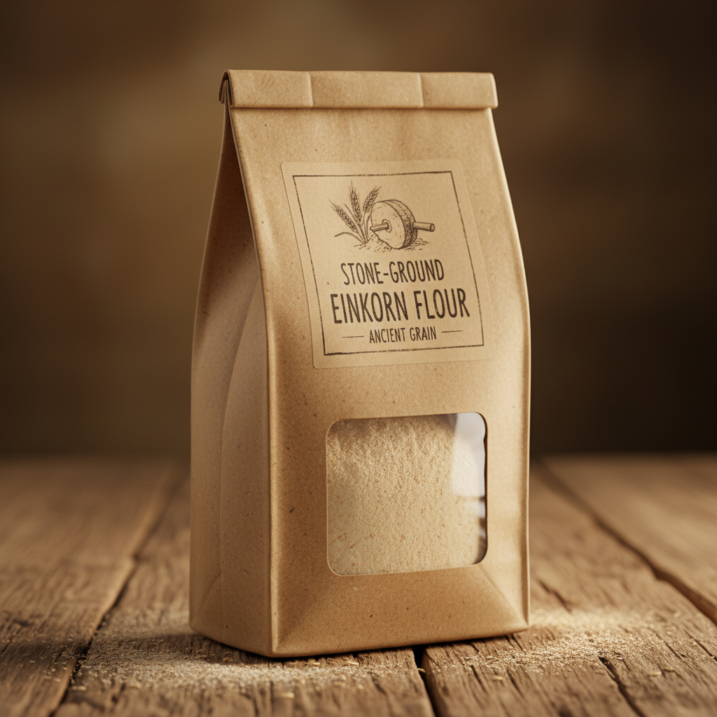 Chickpea flour in kraft paper bag beside golden socca flatbread on iron skillet