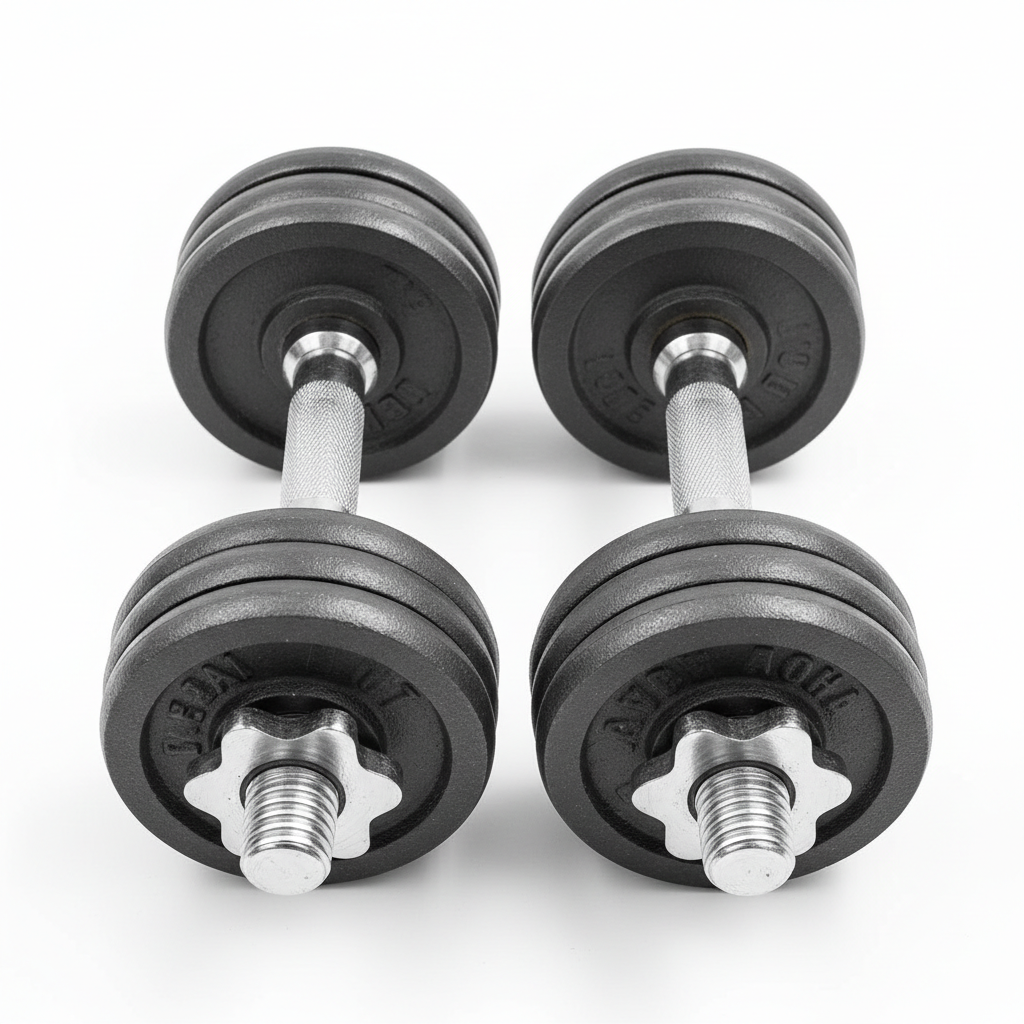 Adjustable dumbbell set on gym floor with clean white background