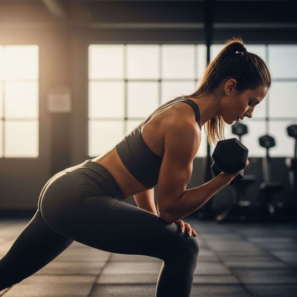 Fit woman holding dumbbells showing defined arm muscles in gym environment