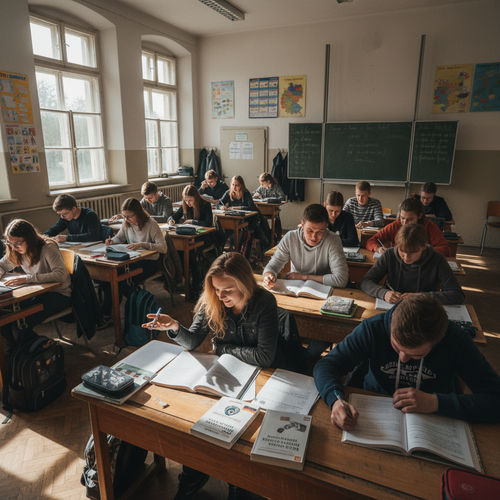 School desks in a bright classroom, wooden furniture, educational setting, natural light