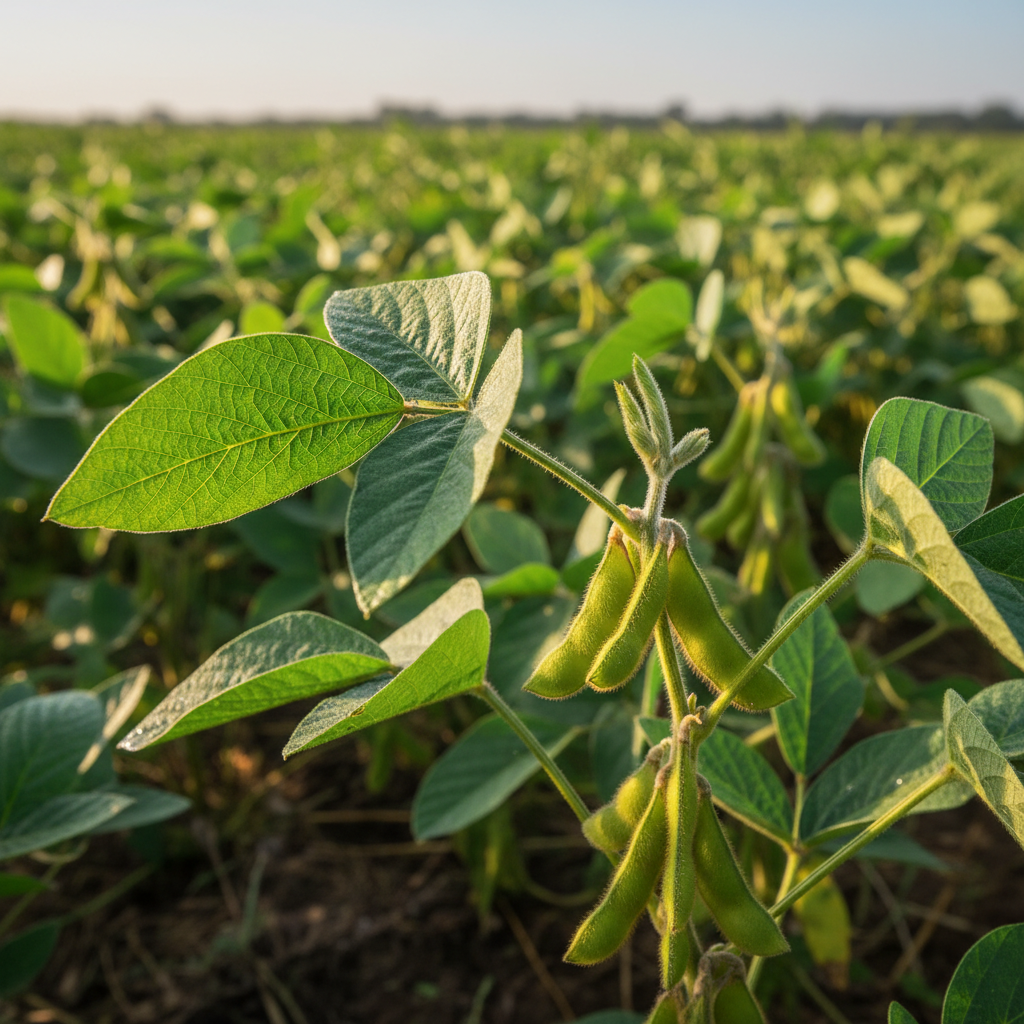 Lush green soybean field in full summer growth
