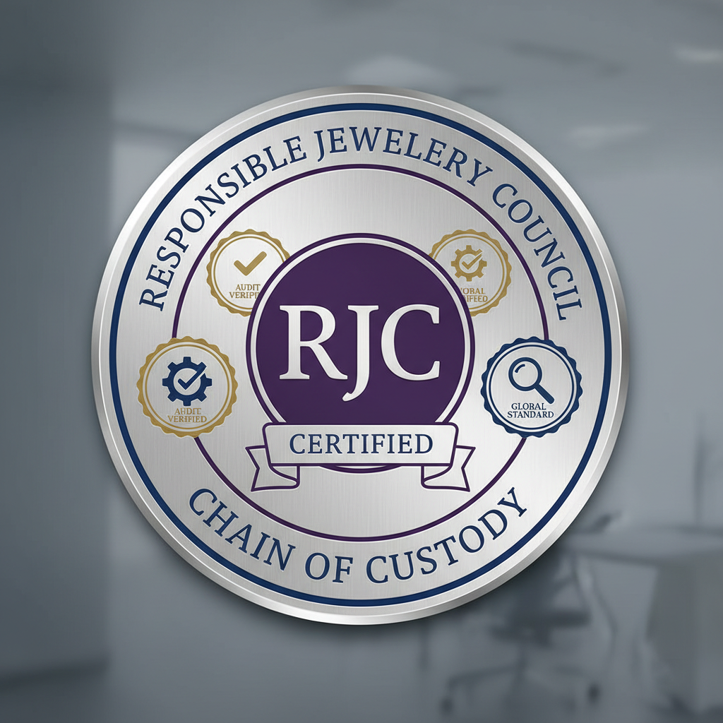 RJC chain of custody certification with purple RJC emblem and audit verification stamps