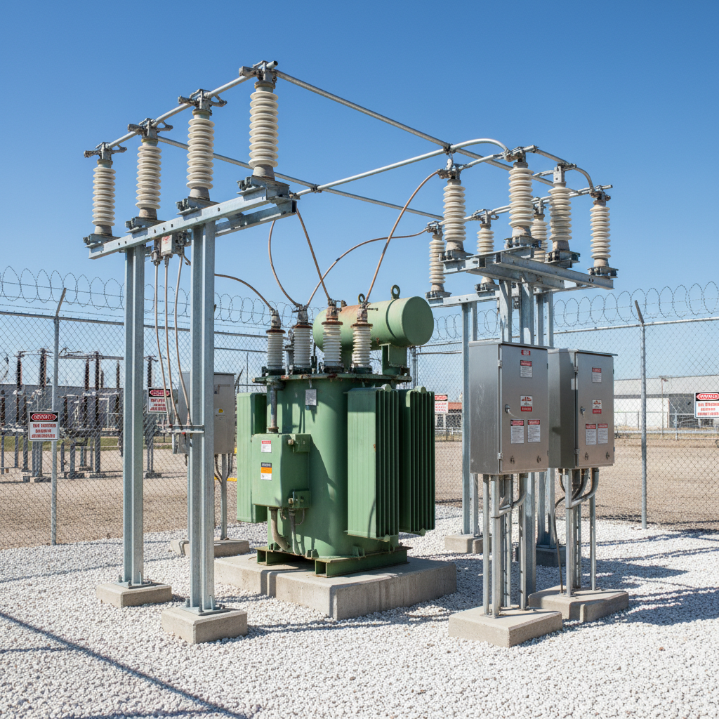 Modern industrial electrical substation with transformers and high voltage equipment in outdoor facility