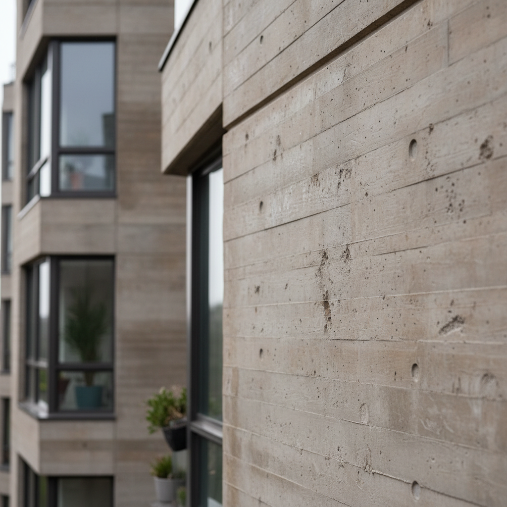 Close-up of architectural concrete texture on mid-rise residential building