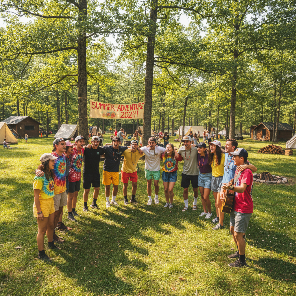 Young people at outdoor summer camp with mountains in background