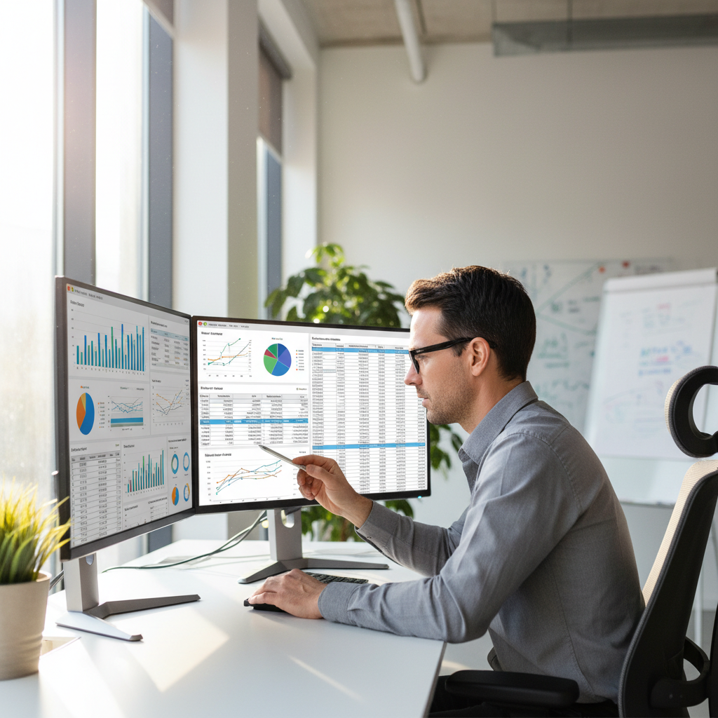 Business analyst reviewing comprehensive data reports and charts on dual monitor setup
