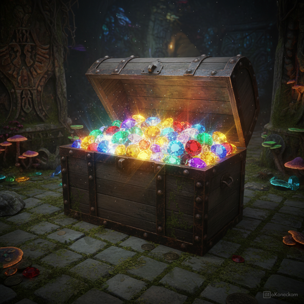 Golden treasure chest overflowing with gems on a dark background with warm light