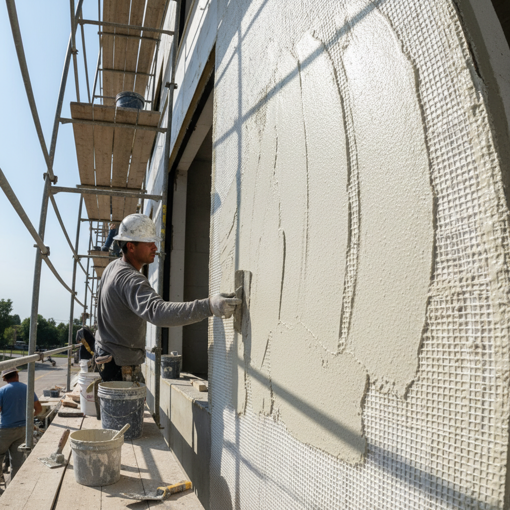 EIFS base coat being troweled onto commercial building exterior showing mesh embedment stage
