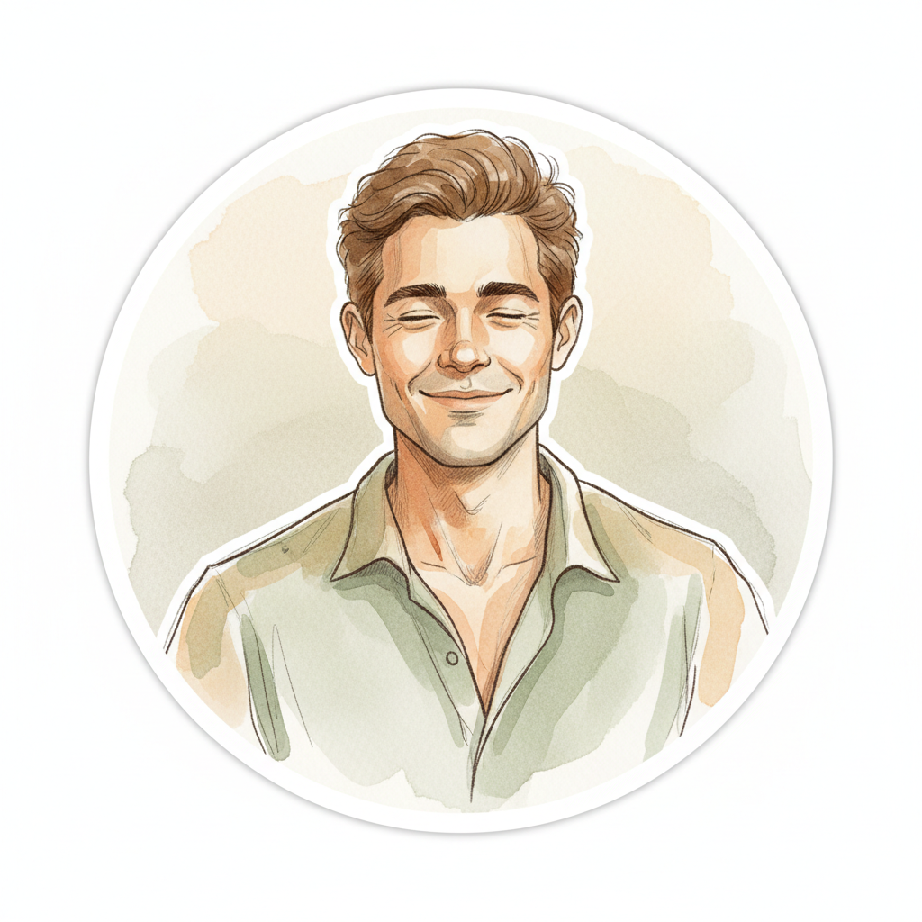 Soft watercolor-style portrait of a man with a warm smile, earthy tones