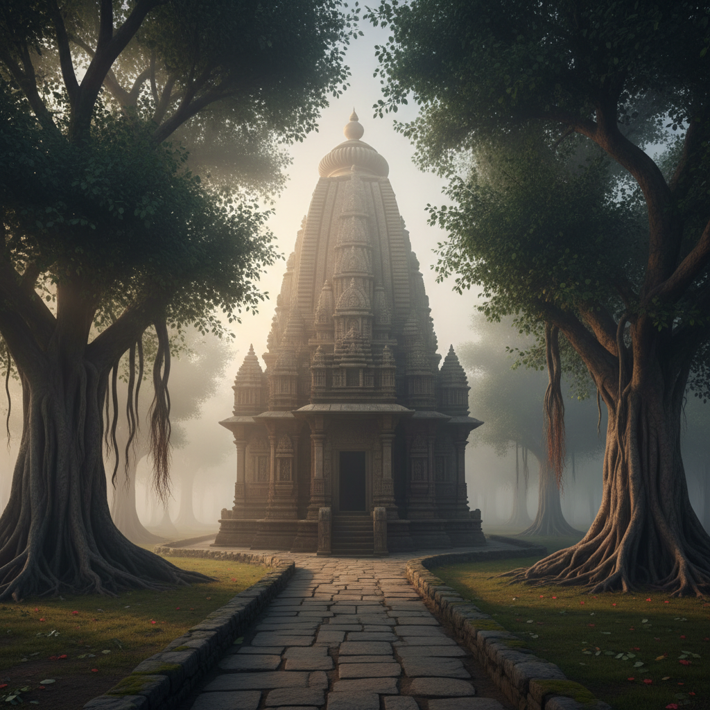 Temple shikhara rising through morning mist, framed by ancient banyan trees with a stone pathway leading to carved entrance