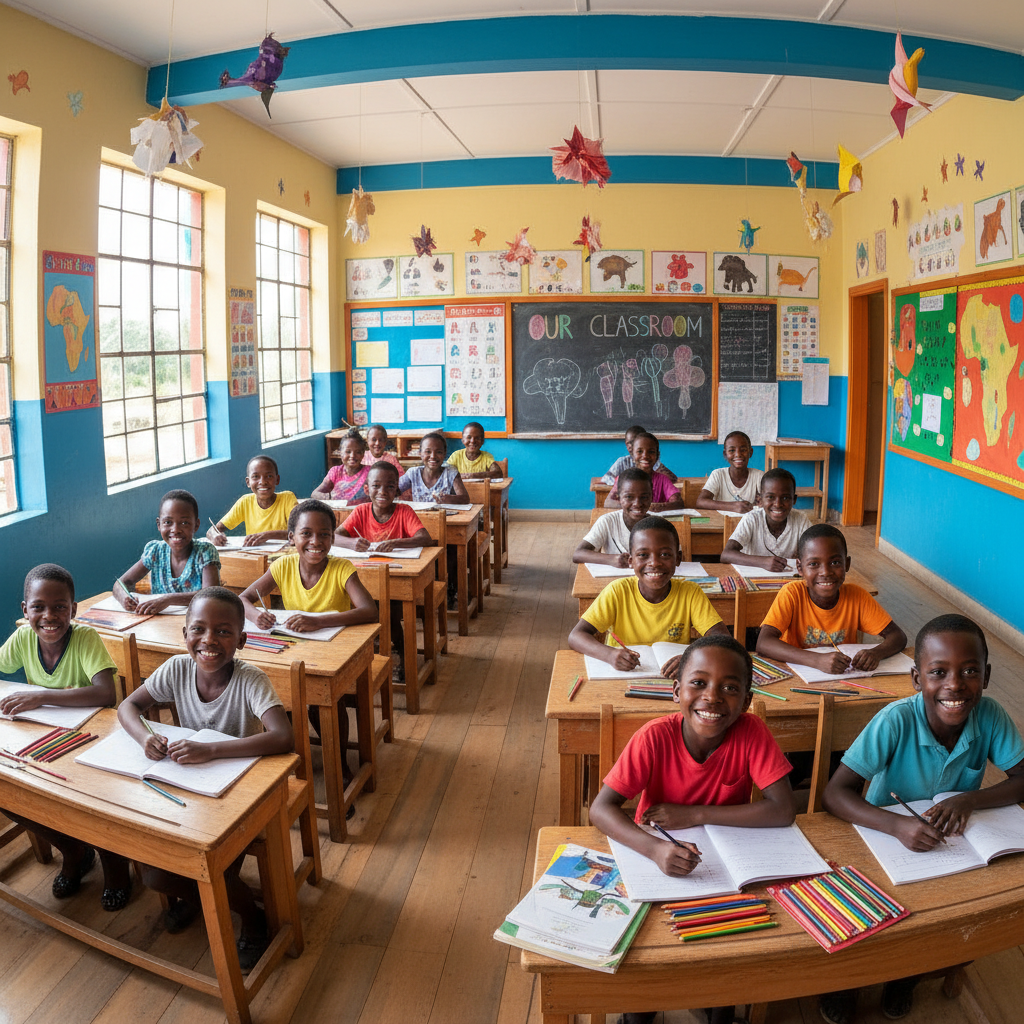 African school girls in uniforms walking together on a bright sunny day, green trees in background, backpacks, expressions of joy and confidence