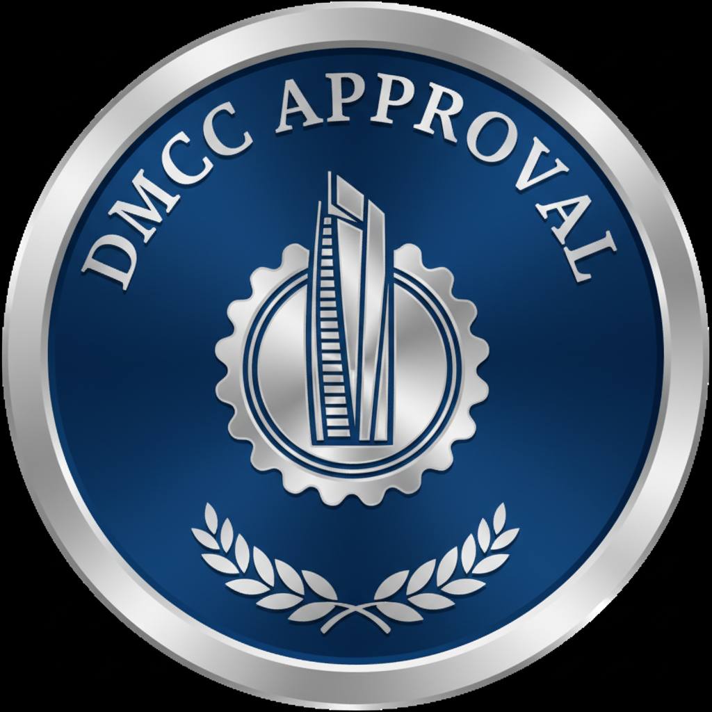 DMCC approval seal with modern skyscraper silhouette and official stamp