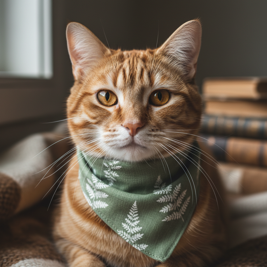 Tabby cat wearing a soft green linen bandana with fern leaf stamp pattern