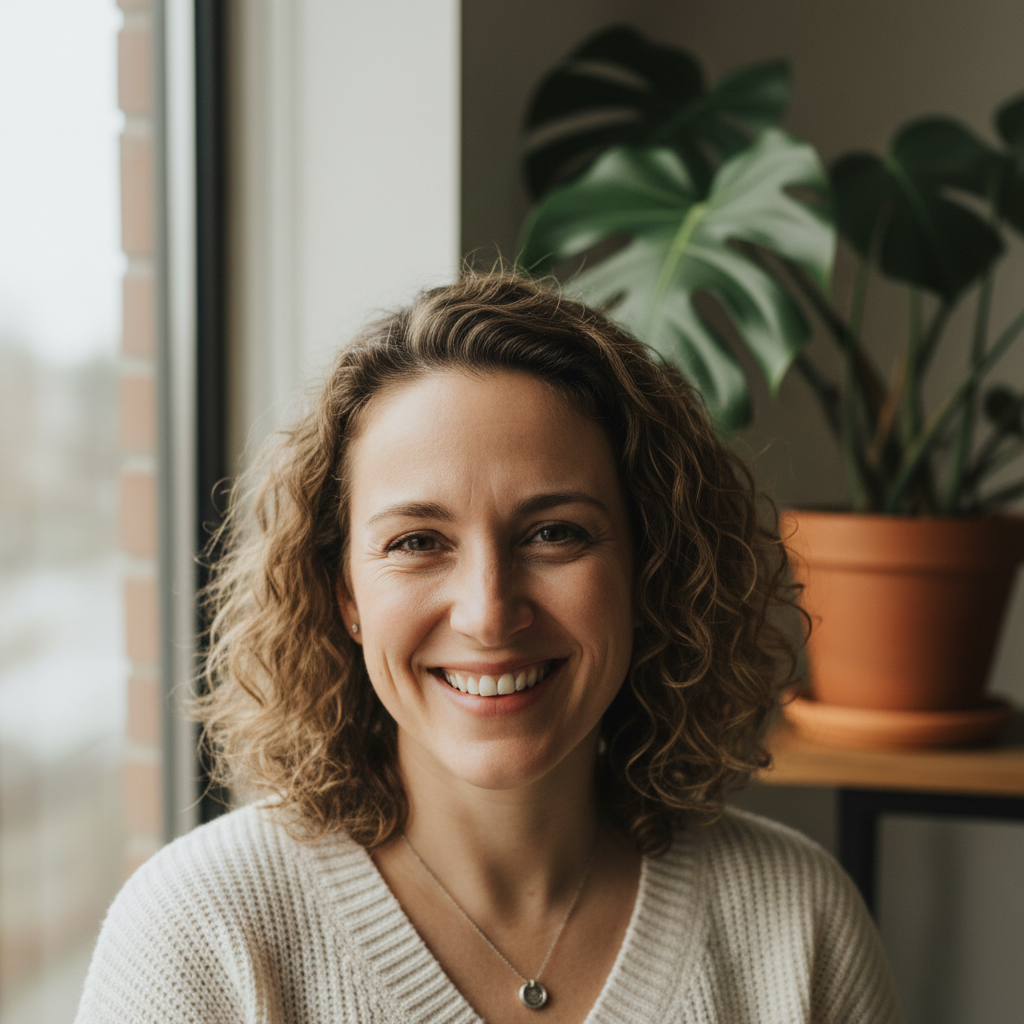 Professional counselor in a calm well-lit room, warm expression, natural daylight background