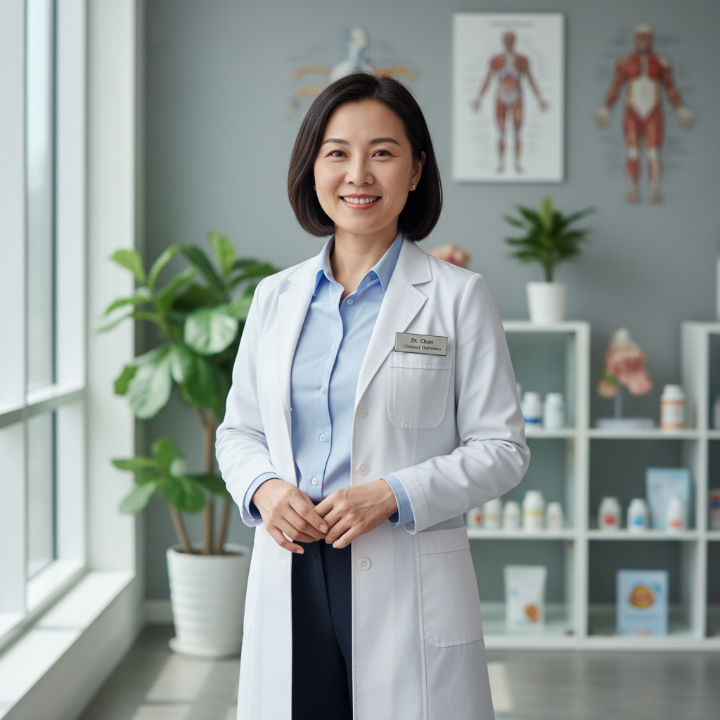Asian male doctor in white coat smiling professionally in bright clinic