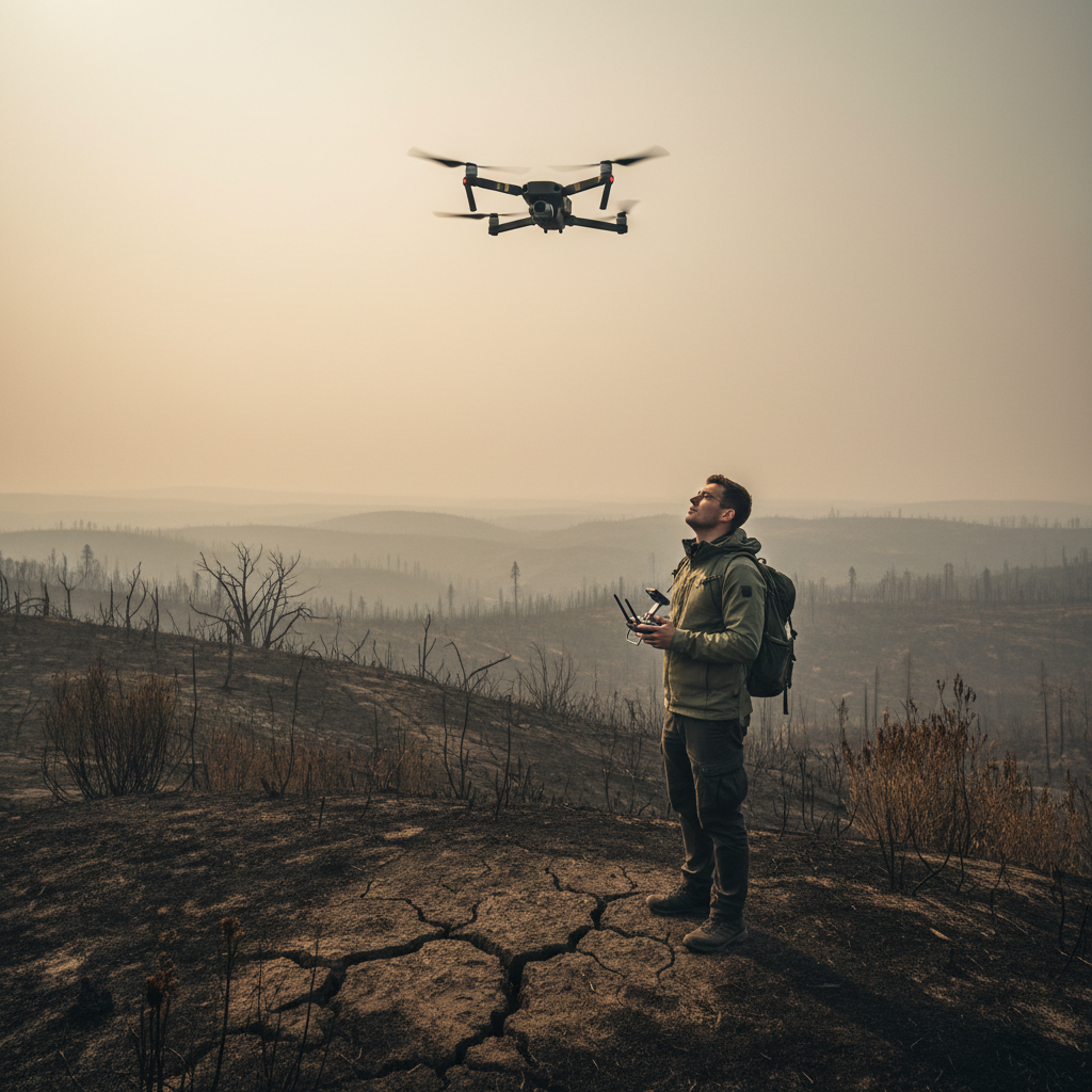 Drone pilot Tomás Guerrero standing on a hillside with a remote controller, mapping post-fire terrain with his drone visible in the background against a hazy sky