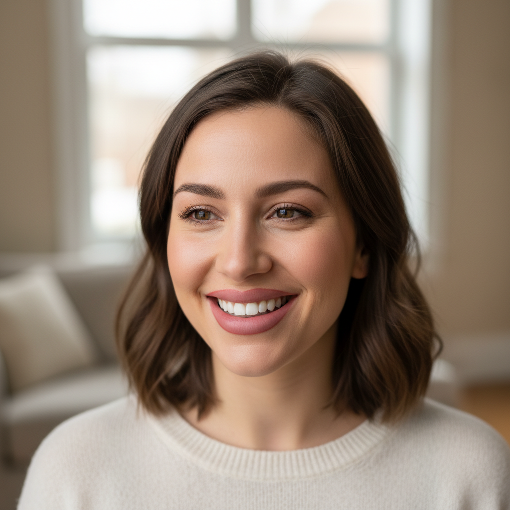 Woman with light brown hair smiling in a bright indoor setting