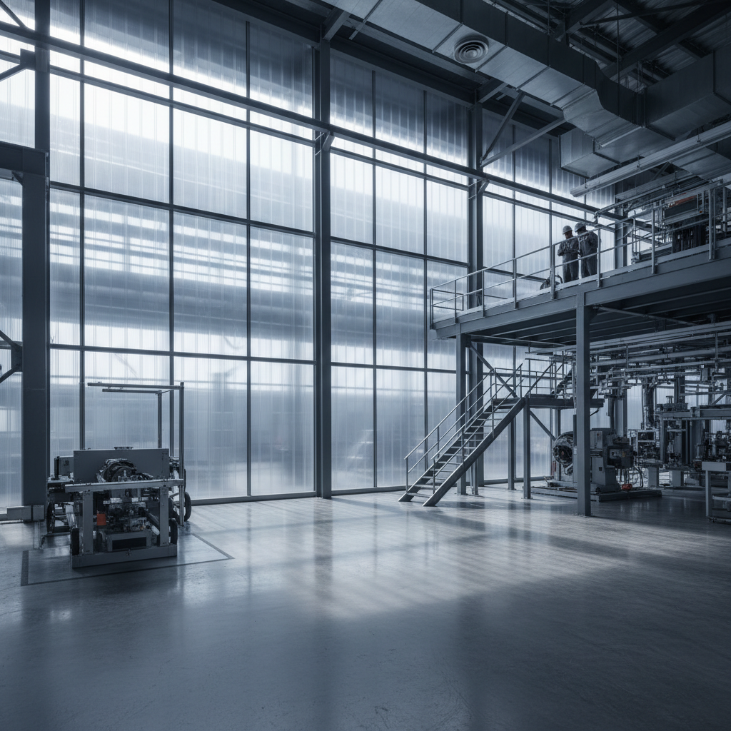 Translucent polycarbonate panels in an industrial facility, cool grey environment