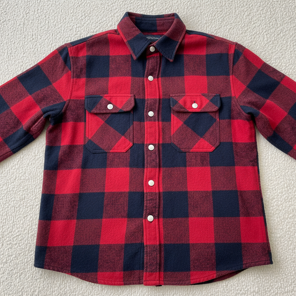Red and navy plaid flannel overshirt with pearl snap buttons