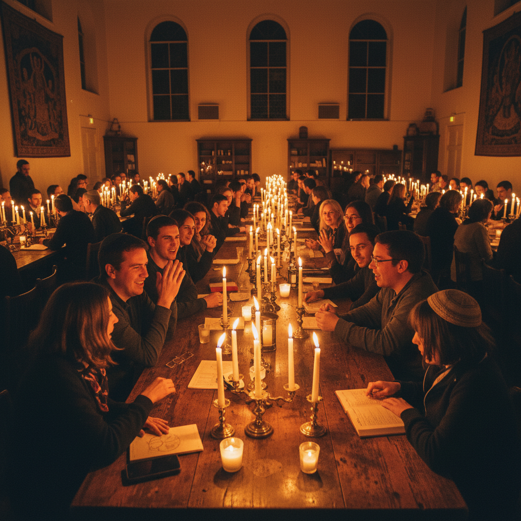 Candlelit gathering in a synagogue social hall with long communal tables and warm amber lighting
