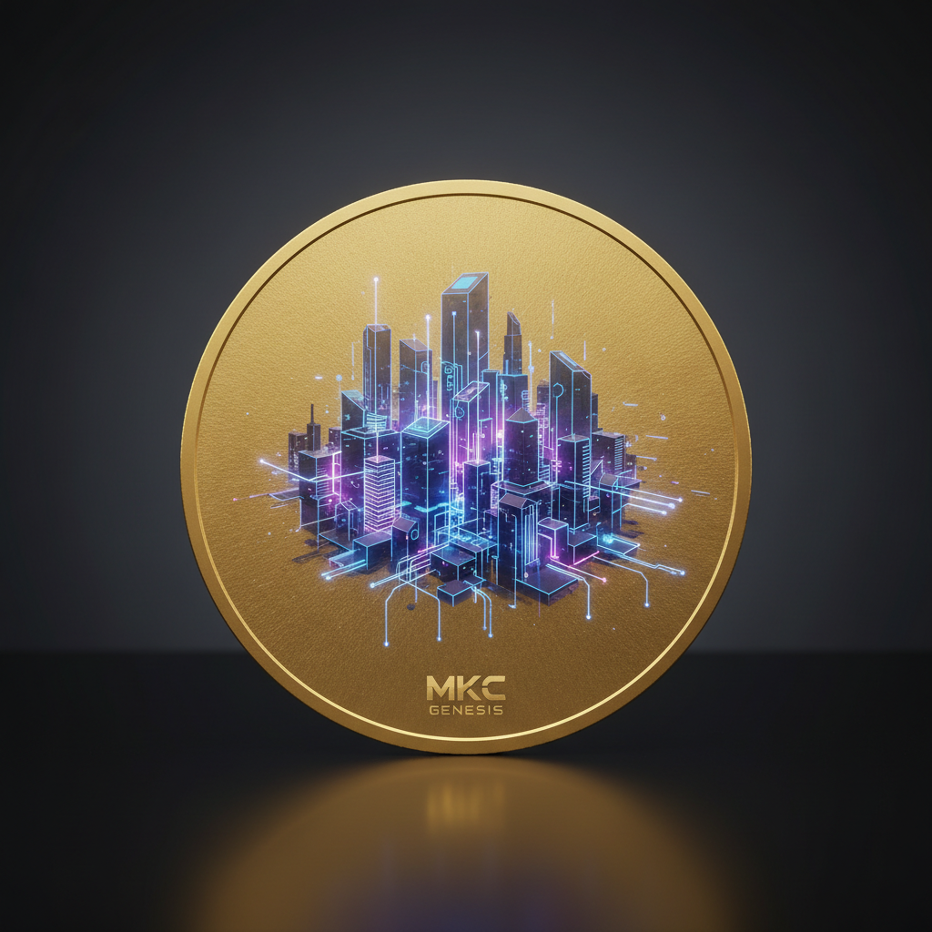 MKC genesis NFT with gold coin and city blockchain overlay