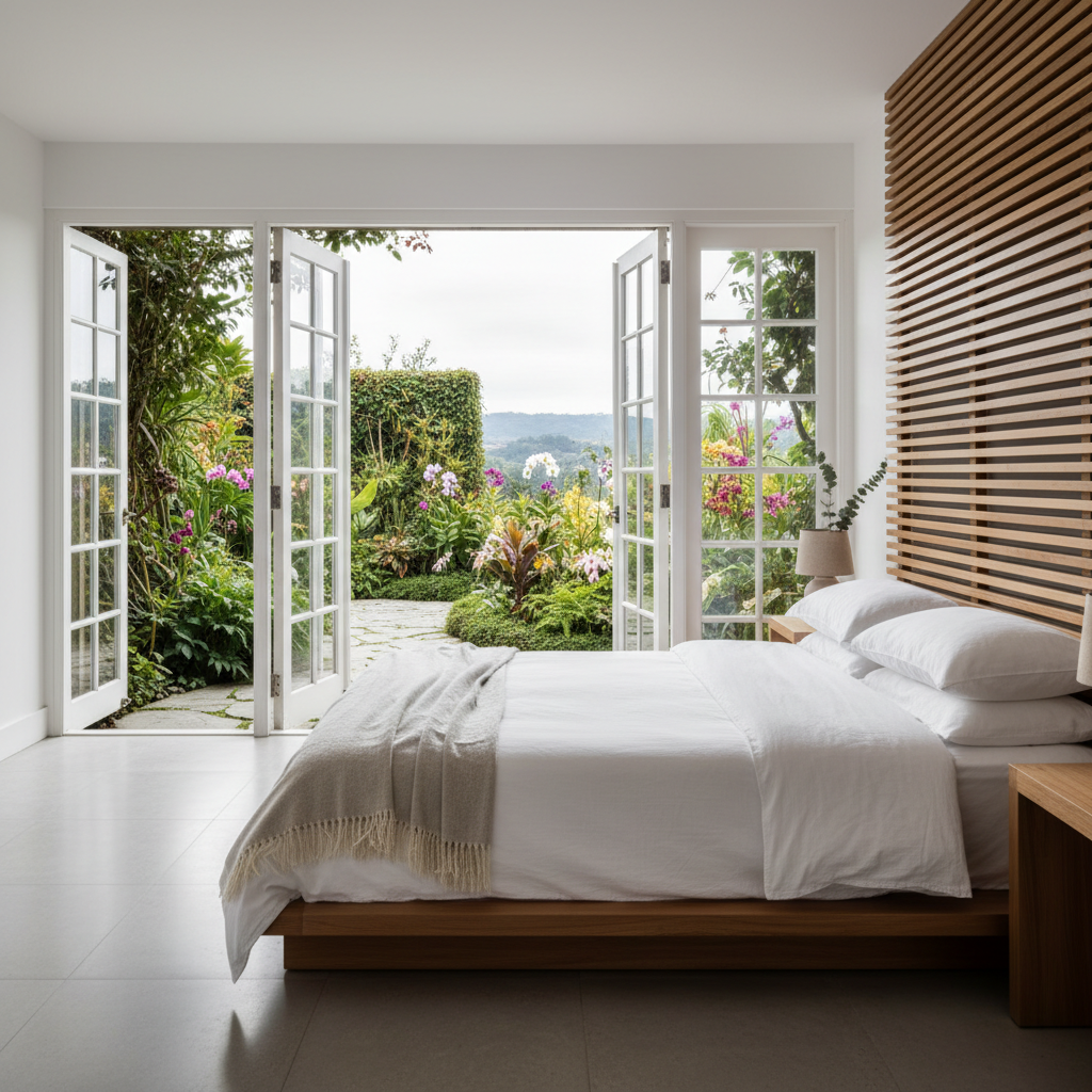 Guest room interior with white walls, warm wooden furniture, and tropical garden view through window