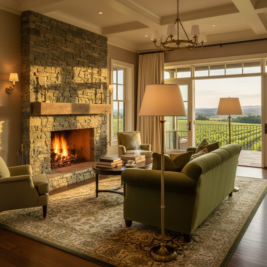 Premier suite with stone fireplace, deep olive velvet sofa, antique brass fixtures, vineyard view terrace
